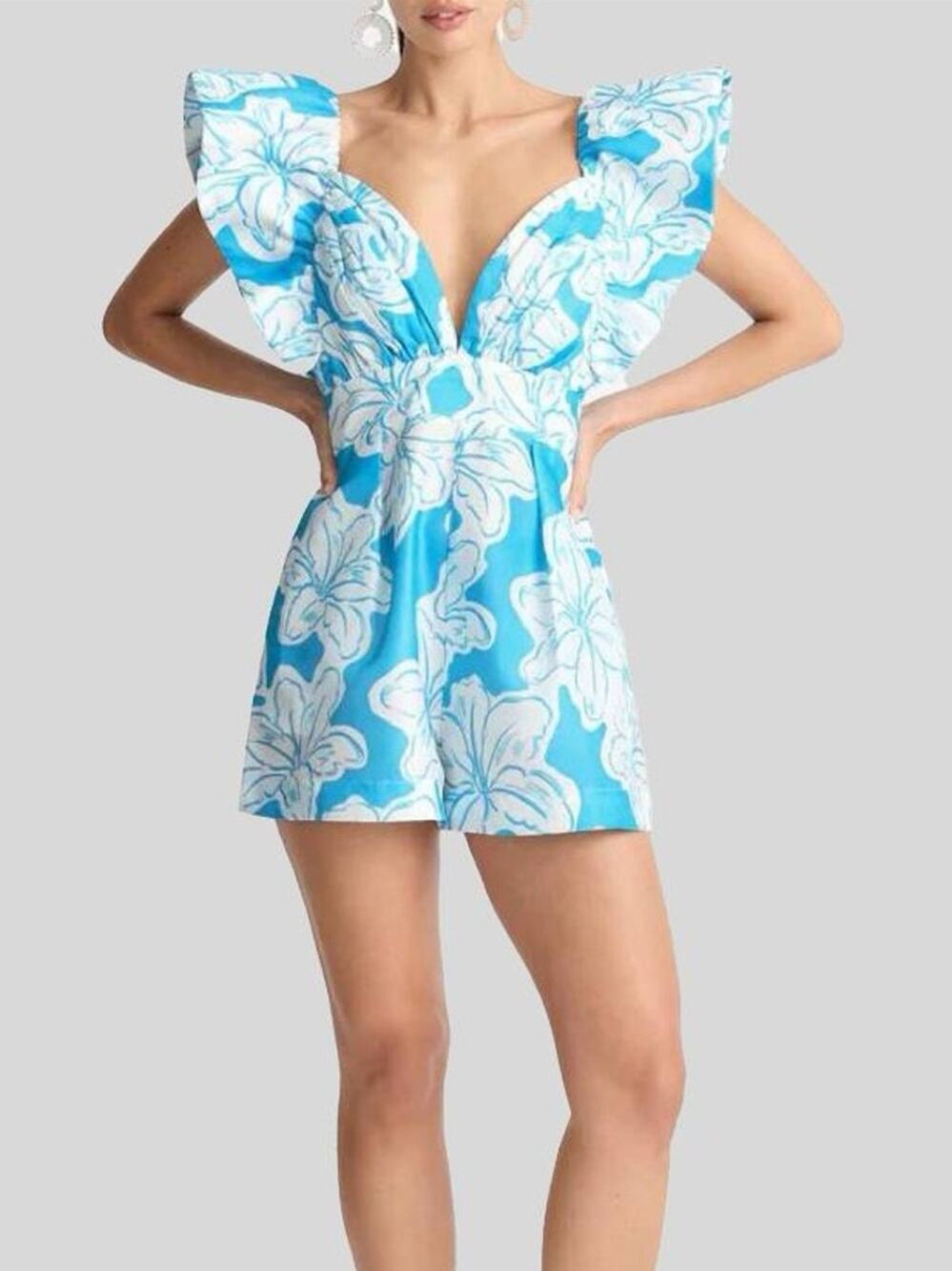 Sheike Tropic Breeze Floral Blue Plunging Neckline Romper Size XS